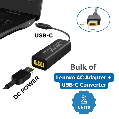 Bulk of 2x Genuine Lenovo 65W Laptop Charger 20V (3.25A) Square Tip + USB-C Adapter Thinkpad, IdeaPad