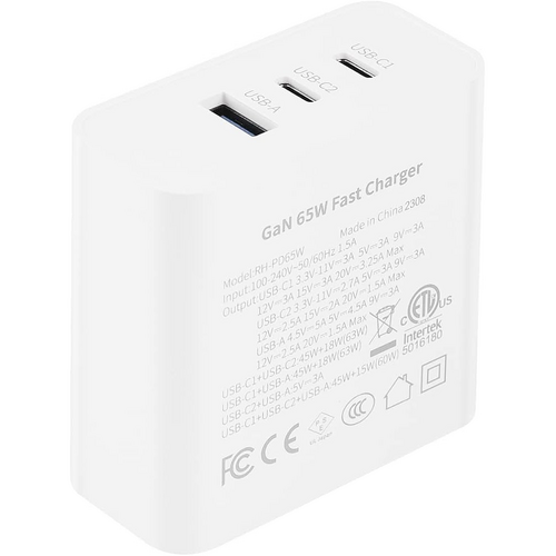 65W White USB-C Fast Charger GaN, RH-PD65W, for Smartphones, Tablets, Laptops