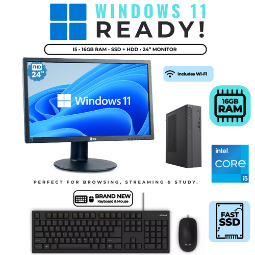 Windows 11 PC Bundle i5 16GB RAM SSD+HDD + 24" Monitor + Keyboard & Mouse