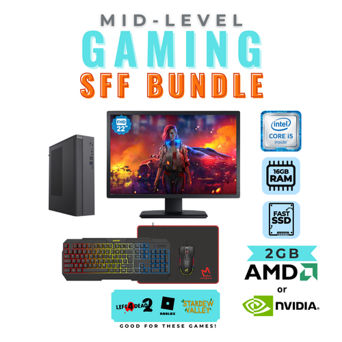 Mid-Level Gaming SFF PC Bundle Intel i5 CPU 16GB 128GB SSD 2GB Graphics + 22" Monitor