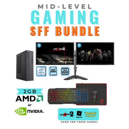 Mid-Level Gaming PC Bundle Intel i5 CPU 16GB 128GB SSD 2GB Graphics + Dual 22" Monitor