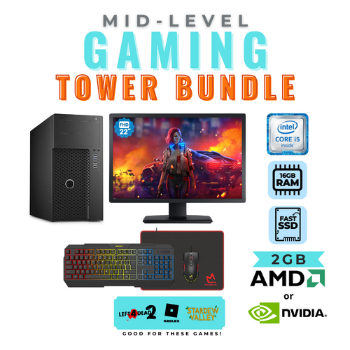 Mid-Level Gaming PC Bundle Intel i5 CPU 16GB 128GB SSD 2GB Graphics +22" Monitor