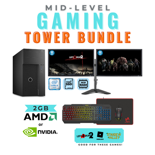 Mid-Level Gaming Tower Bundle Intel i5 CPU 16GB 128GB SSD 2GB Graphics +Dual 22" Monitor