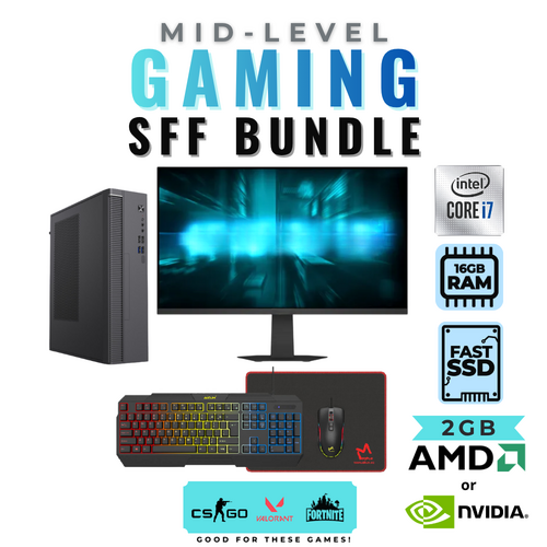 Mid-Level Gaming Desktop Bundle SFF Intel i7 CPU 16GB RAM 2GB Graphics + NEW 24" 120Hz Monitor