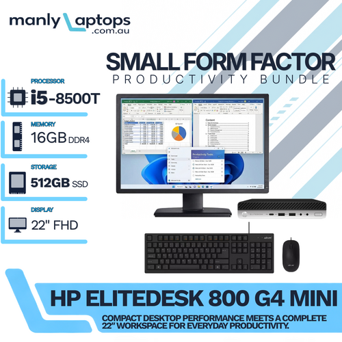 HP EliteDesk 800 G4 Mini Bundle Desktop i5-8500T 3.5GHz 512GB 16GB RAM + 22" FHD Monitor