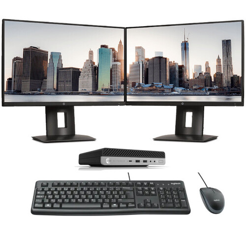 HP 800 G4 Mini Bundle Desktop i5-8500T 6-Core 8GB RAM 480GB + Dual 24" FHD Monitor