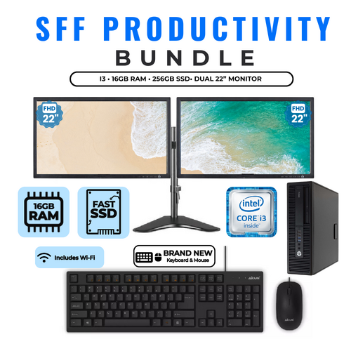 HP 600 G2 SFF Desktop Bundle i3-6100 3.7GHz 256GB 16GB RAM Windows 11 + Dual 22" Monitor
