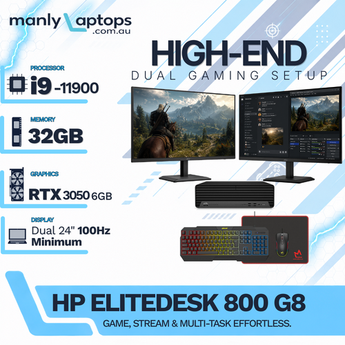 HP EliteDesk 800 G8 SFF Gaming Bundle i9-11900 512GB 32GB RAM RTX 3050 +Dual 24" 100Hz Min.