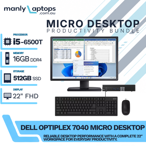 Dell OptiPlex 7040 Micro Desktop Bundle i5-6500T 512GB SSD 16GB RAM +22" Monitor