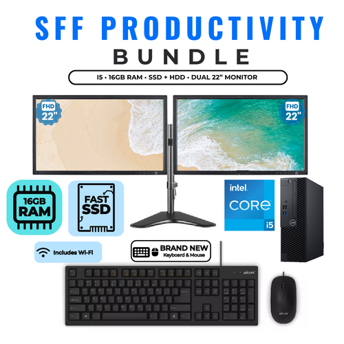 Dell 3060 SFF Desktop bundle i5-8500 6-Cores 3.0GHz 256GB SSD 16GB RAM + Dual 22" Monitor