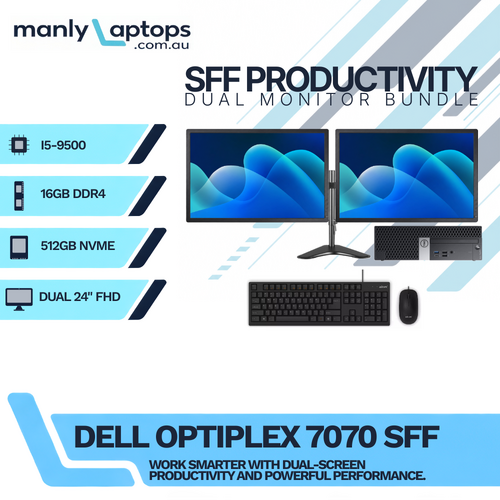 Dell OptiPlex 7070 SFF Desktop i5-9500 6-Cores 512GB 16GB RAM + Dual 24" Monitor
