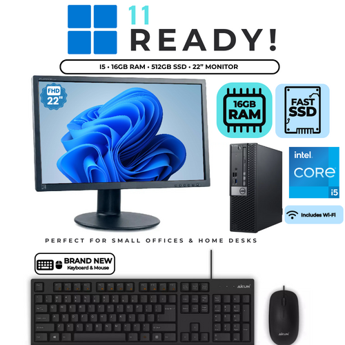 Dell 7070 SFF Desktop i5-9500 6-cores 512GB 16GB RAM Windows 11 + 22" Monitor