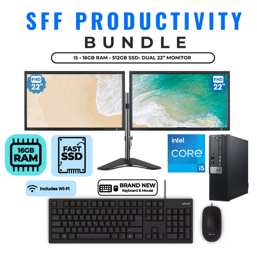 Dell 7070 SFF Desktop i5-9500 6-cores 512GB 16GB RAM Windows 11 + Dual 22" Monitor