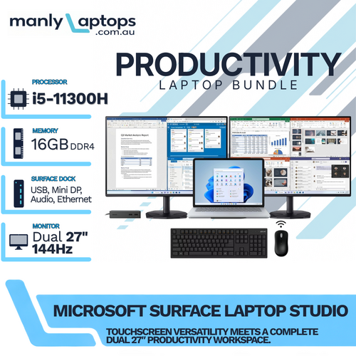 Microsoft Surface Laptop Studio 14" i5-11300H 512GB 16GB RAM w/ Dock + Dual 27" Monitor Bundle