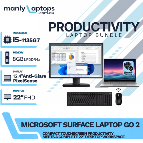 Microsoft Surface Laptop Go 2 Platinum (2013) 12" i5-1135G7 256GB 8GB RAM + 22" Monitor Bundle