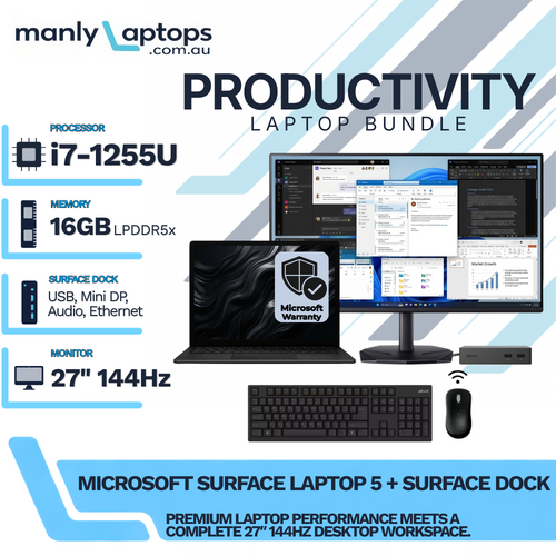 Microsoft Surface Laptop 5 Black (1979) 15" i7-1255U 512GB 16GB RAM w/Dock + 27" 144Hz Monitor Bundle 