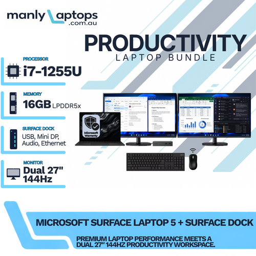 Microsoft Surface Laptop 5 Black 15" i7-1255U 512GB 16GB RAM w/ Dock + Dual 27" 144Hz Monitor Bundle