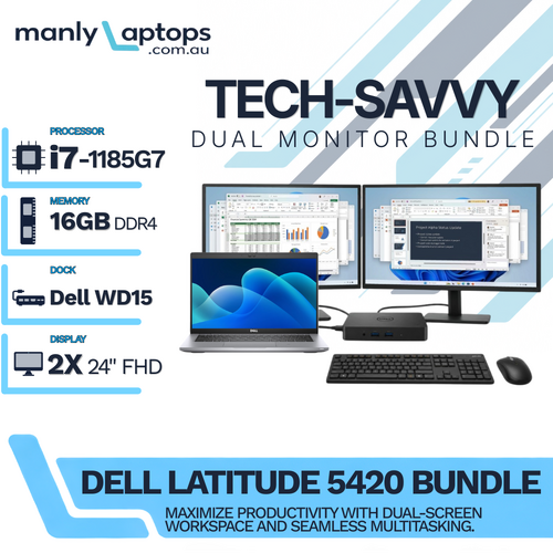 Dell Latitude 5420 14" Touch Laptop i7-1185G7 256GB 16GB LTE w/ Dock + Dual 24" Monitor Bundle