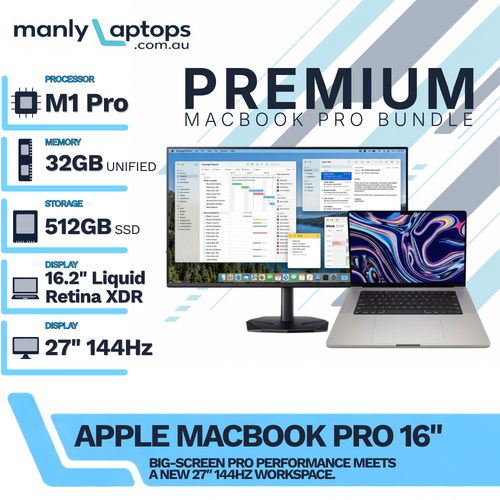 Apple MacBook Pro 16" A2485 Silver (2021) M1 Pro 512GB 32GB RAM + NEW 27" 144Hz Monitor Bundle